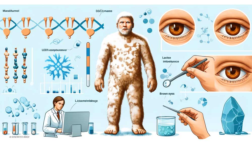 Illustration of genetic analysis with a DNA strand and a scientist examining samples, highlighting genetic traits such as lactose intolerance and brown eyes.