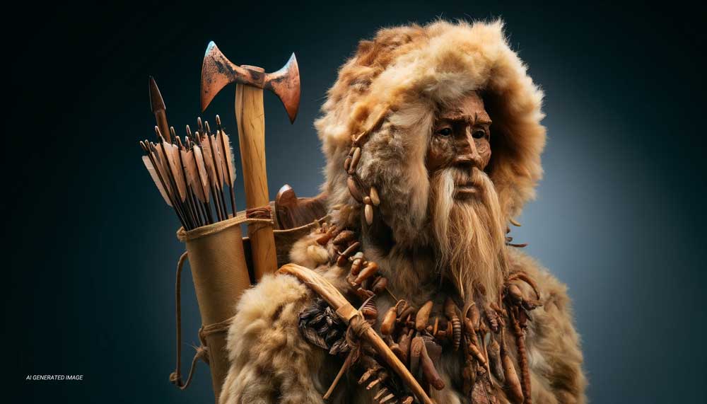 Ötzi the Iceman with his Copper Age clothing and tools, including a copper axe and a quiver of arrows.