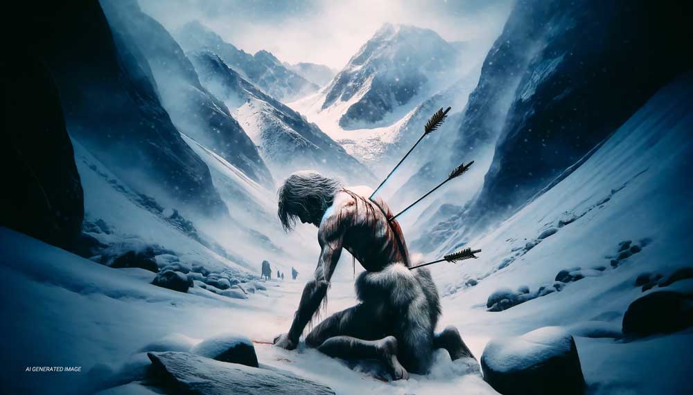 Ötzi injured with an arrow in his shoulder and cuts on his body in a snowy mountain landscape.