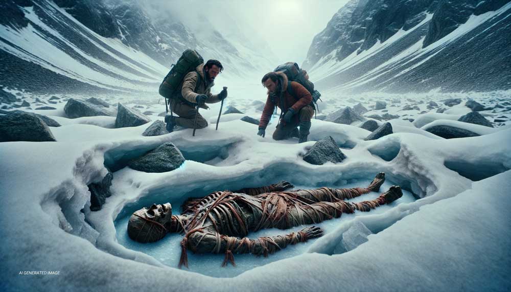 Two hikers discovering a partially buried mummy in the ice in the Ötztal Alps.