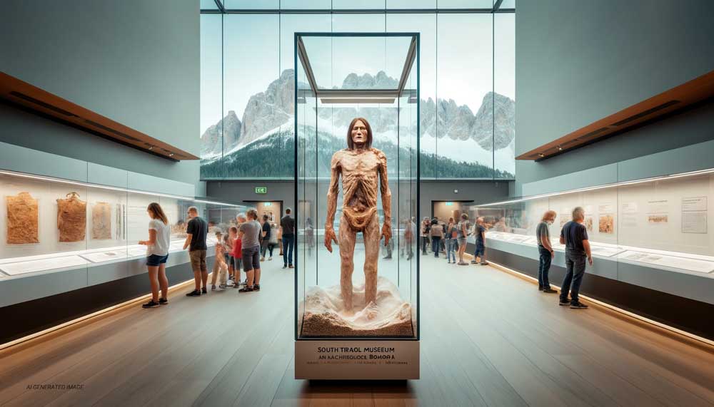 South Tyrol Museum of Archaeology exhibit featuring Ötzi’s preserved body in a climate-controlled glass case.