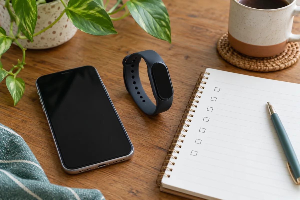 Smartphone and simple fitness band beside a compatibility checklist