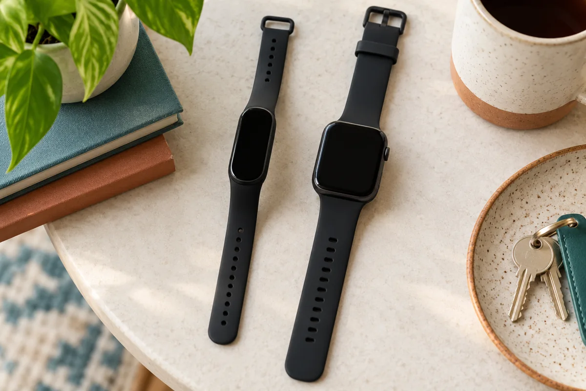 A generic slim band and larger smartwatch shown side by side