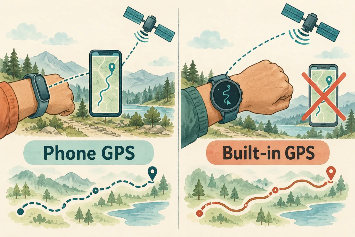 Phone-assisted GPS and built-in GPS illustrated in two panels