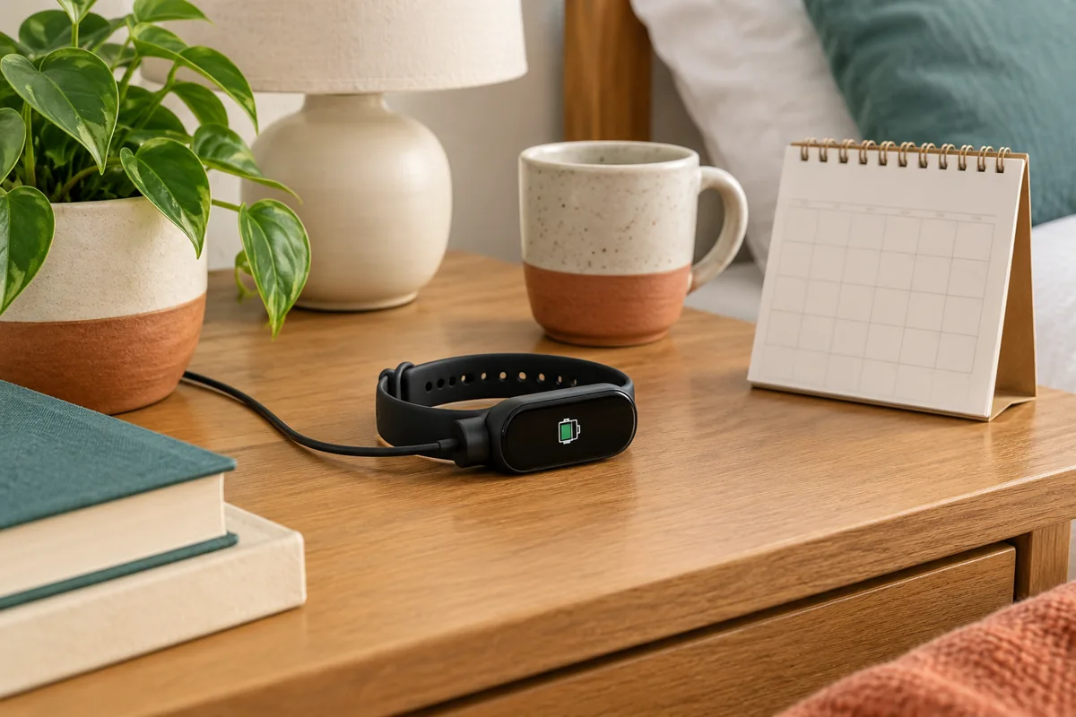 Fitness band charging on a bedside table