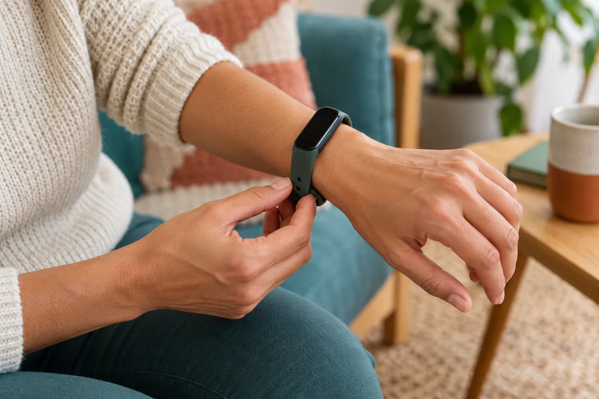 Adult adjusting a fitness band above the wrist joint without tightening it excessively