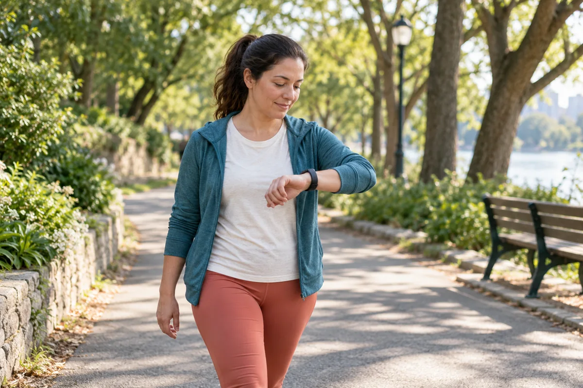 Walker pausing to check a tracker on a park path