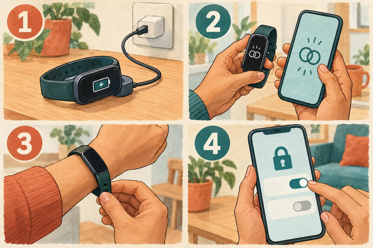 Four setup steps: charge, pair, fit, and review settings