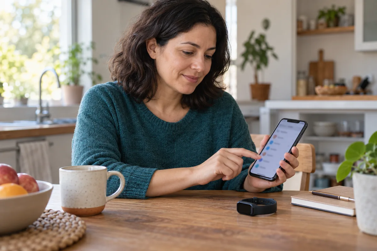 Adult reviewing phone settings with a fitness band nearby