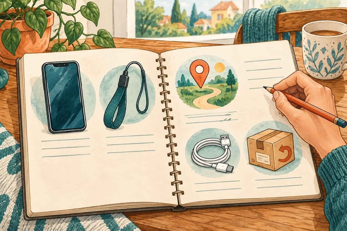 Five illustrated checks for phone fit, comfort, route needs, charging, and returns