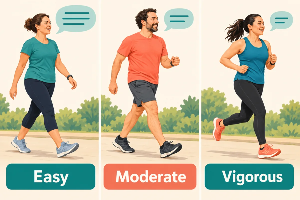 Three illustrated effort levels labeled easy, moderate, and vigorous, with speech bubbles