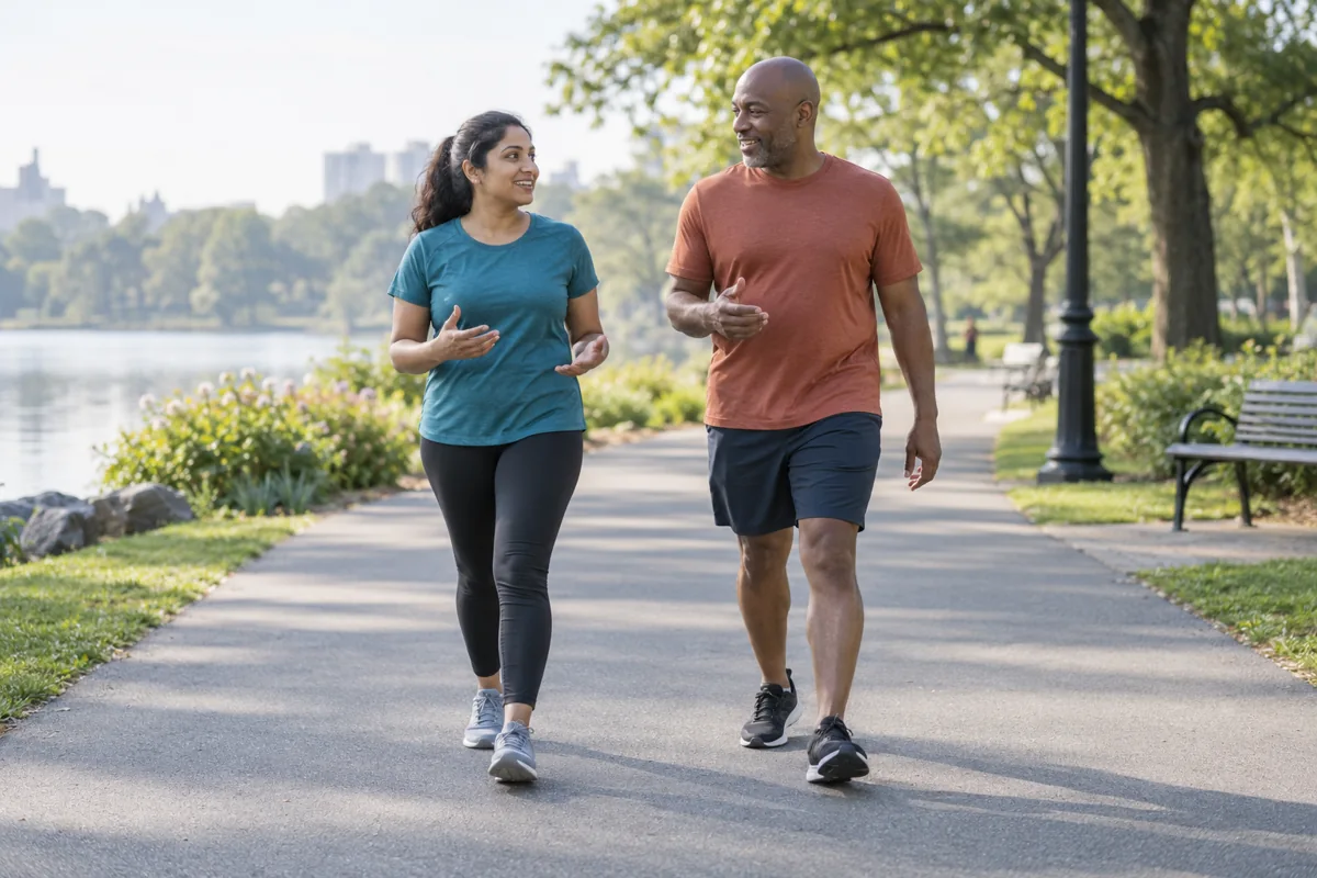 Two adults walking and talking on a wide, level park path