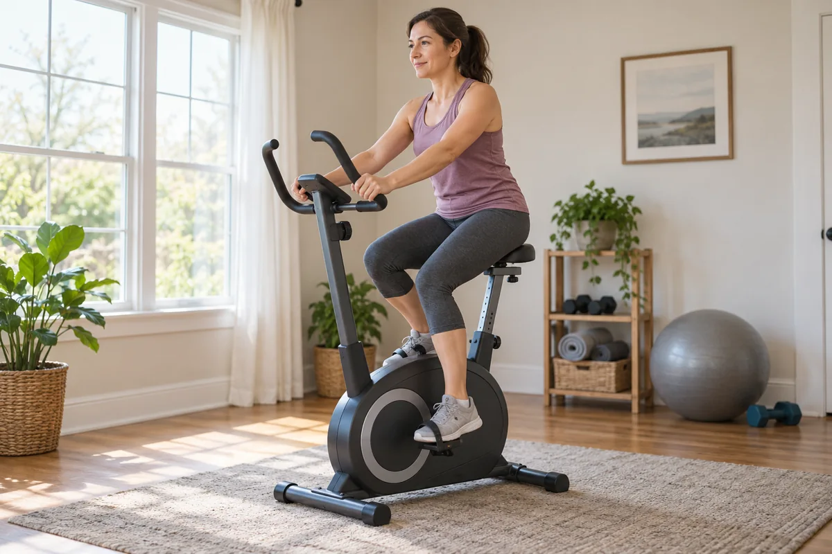 Woman pedaling an upright stationary exercise bike in a bright room
