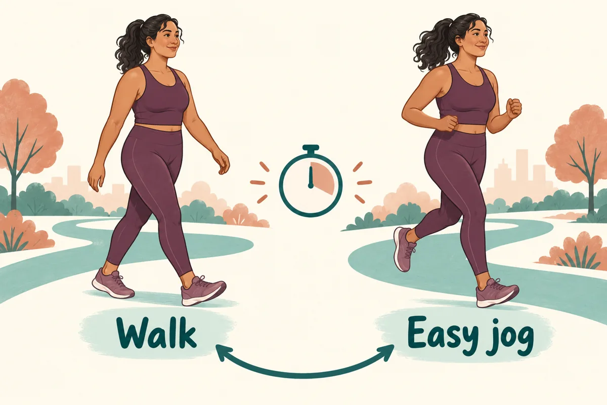 Two-panel illustration alternating a comfortable walk with an easy jog