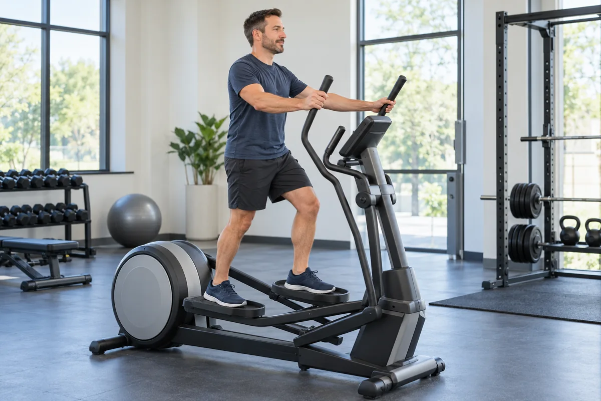 Man standing upright on an elliptical trainer with his feet supported on the pedals