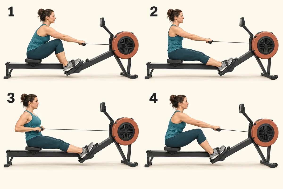 Four illustrated stages of a rowing stroke: catch, leg drive, finish, and recovery