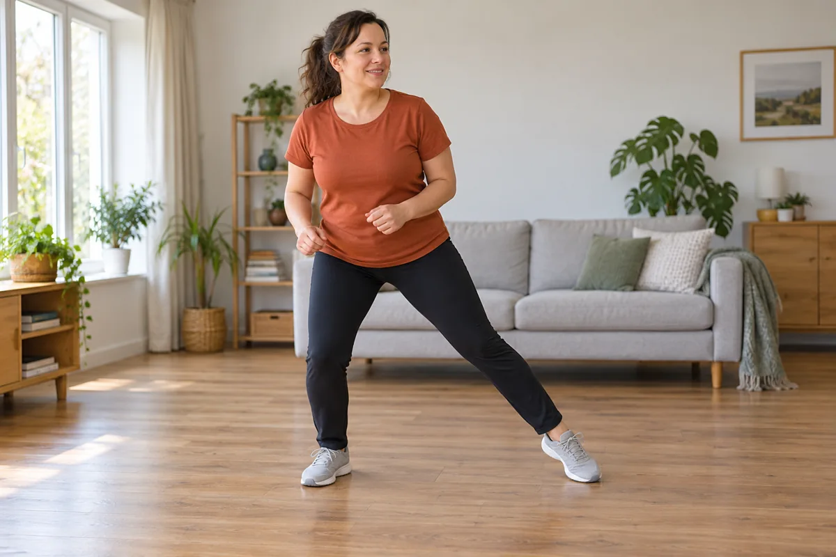 Woman taking a low-impact side step on a clear living-room floor