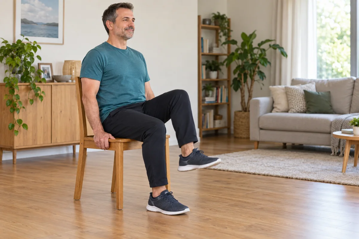 Man seated upright on a stable chair, gently lifting one bent knee