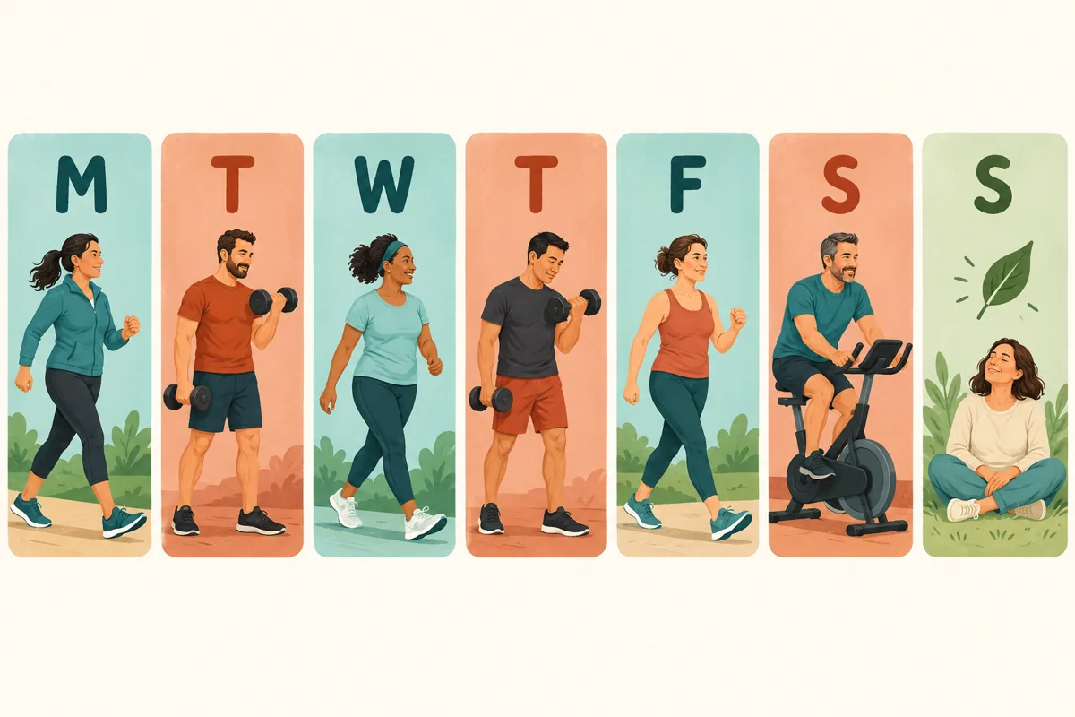 Seven-day illustrated planner showing four cardio slots, two strength days, and an easy or rest day