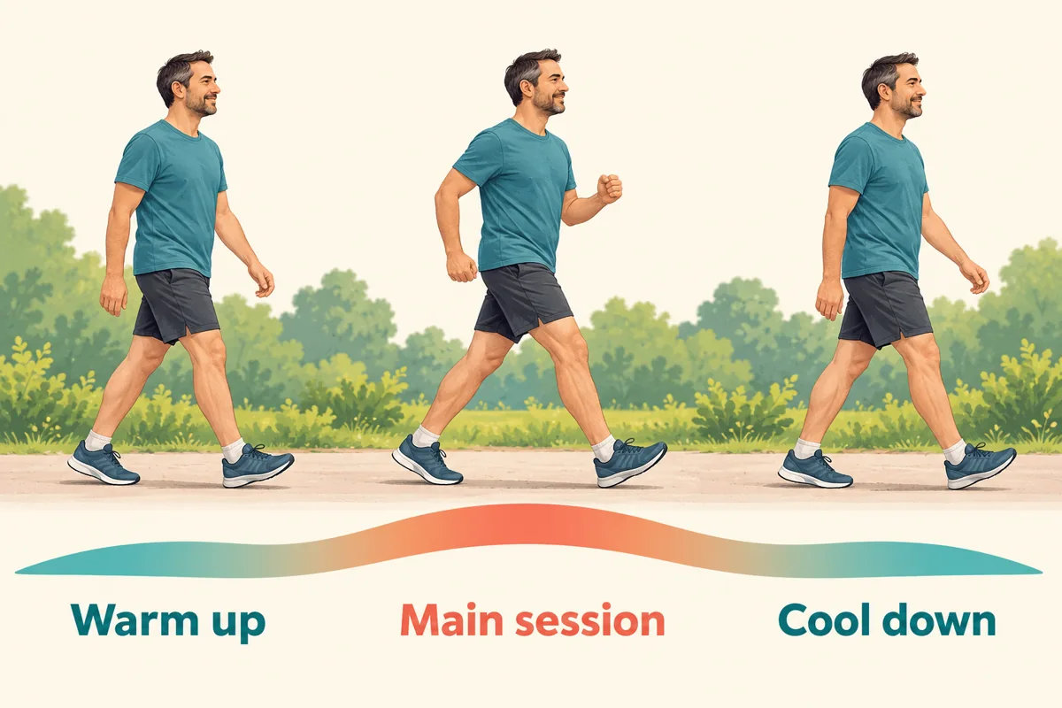Three illustrated walking phases labeled warm up, main session, and cool down
