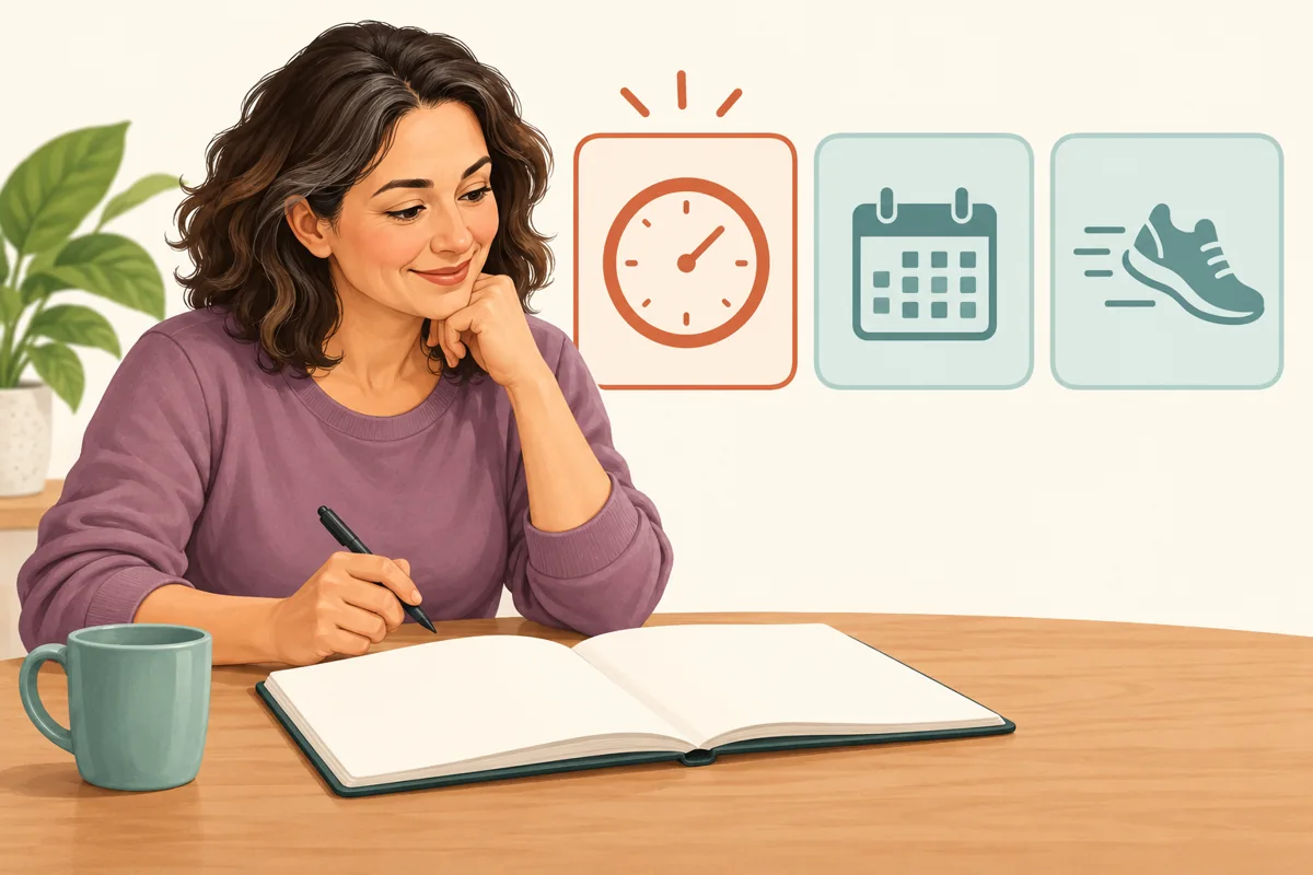 Person reviewing a training notebook with time, frequency, and pace icons, highlighting time