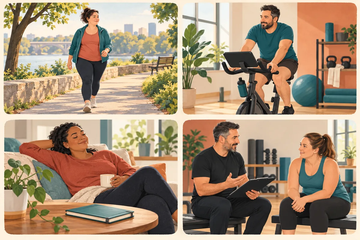 Four illustrated ways to adjust activity: a short walk, cycling, recovery, and instructor advice