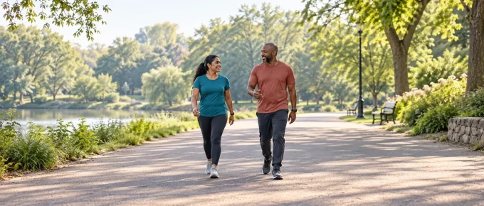 Two adults walking briskly together on a wide park path