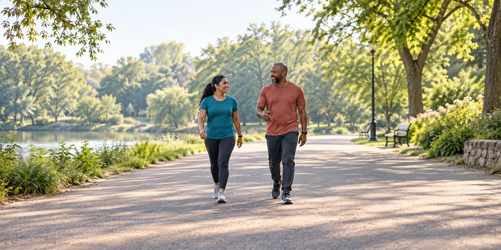Two adults walking briskly together on a wide park path