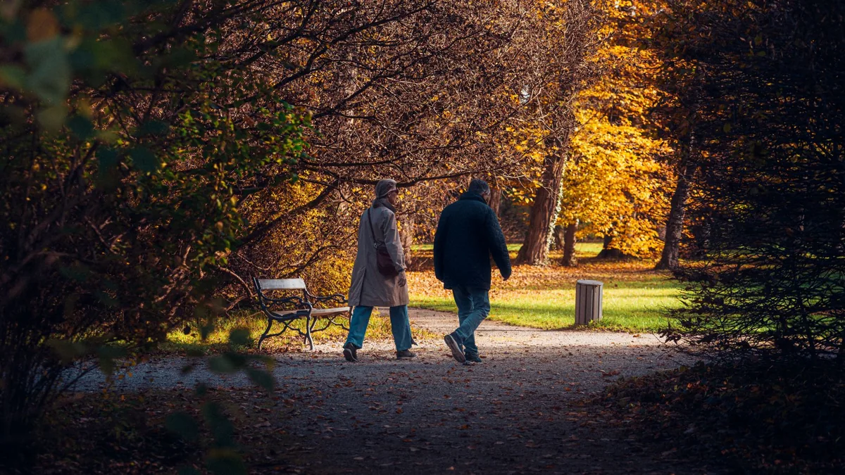 Two adults walking along an autumn park path