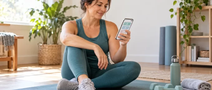 Woman seated on an exercise mat checking a phone before a home workout