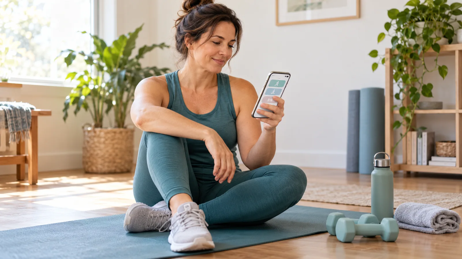 Woman seated on an exercise mat checking a phone before a home workout