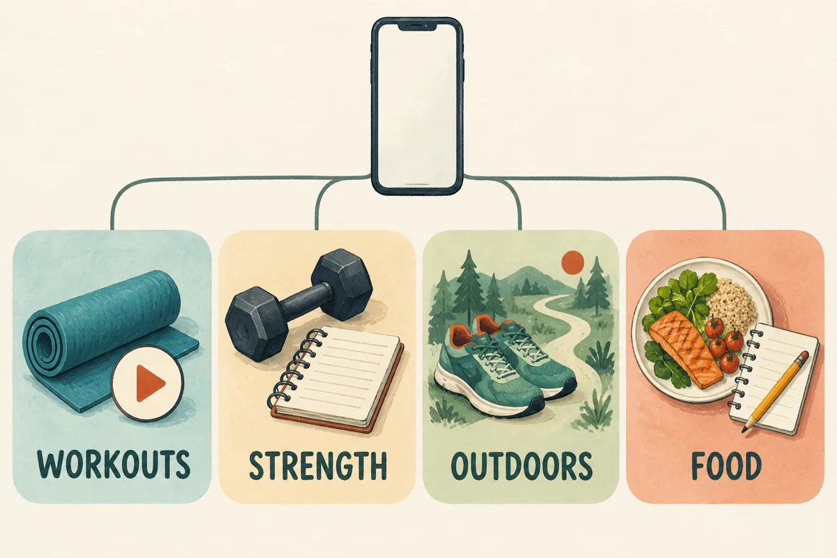 Illustrated phone linked to workout, strength, outdoor activity, and food-tracking choices