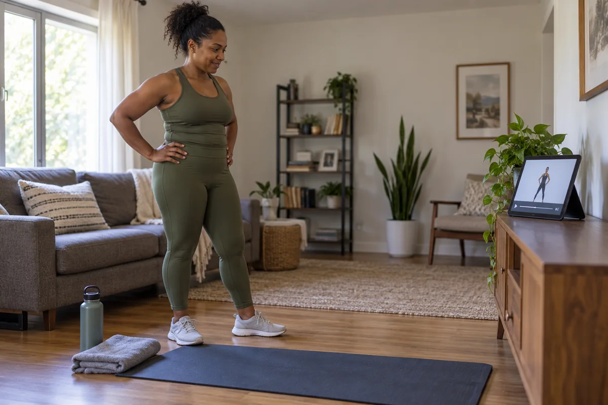 Woman reviewing a guided workout on a tablet beside an exercise mat