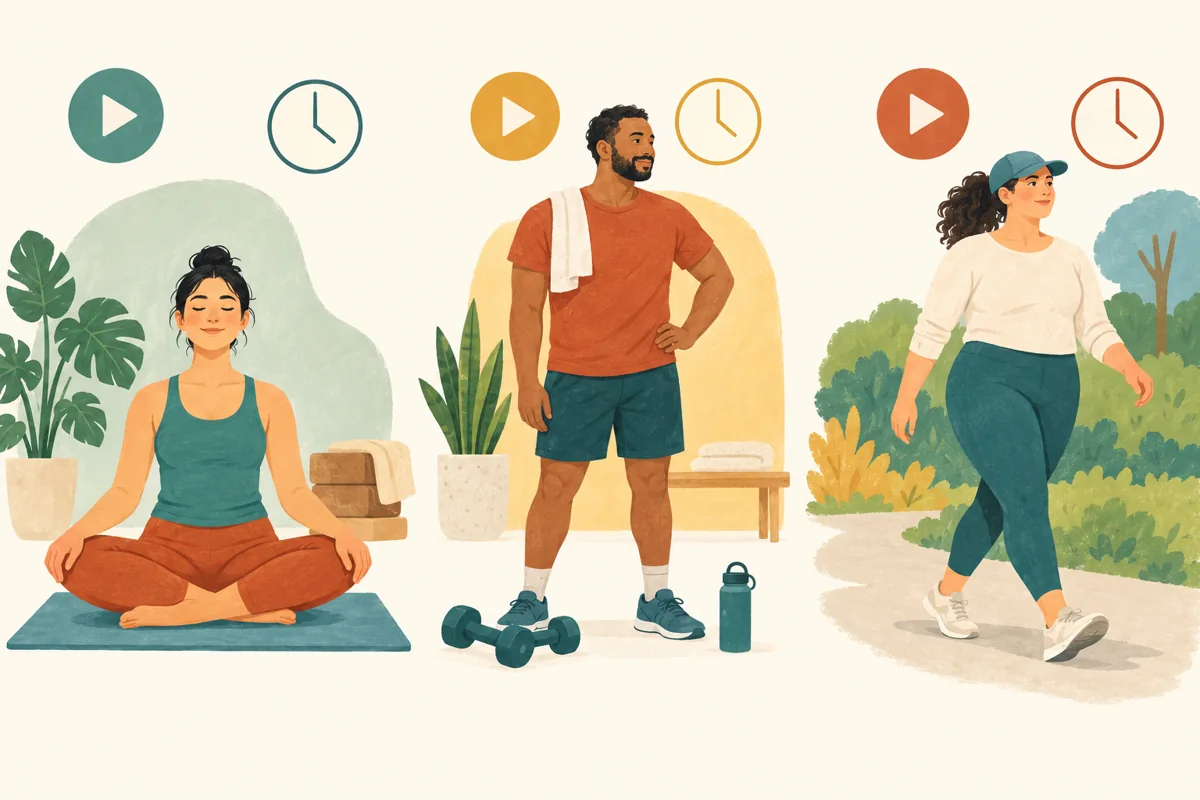 Illustrated adults with options for mat-based exercise, strength, and walking