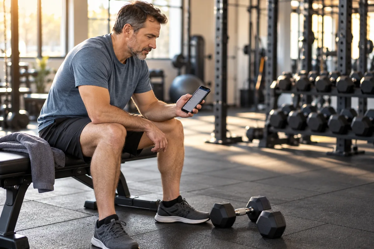 Man seated on a gym bench checking a phone beside dumbbells