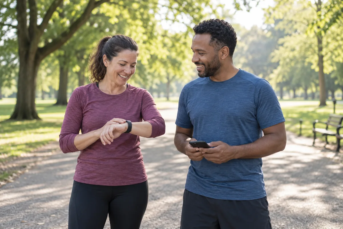 Two adults checking a watch and phone during a pause on a park path