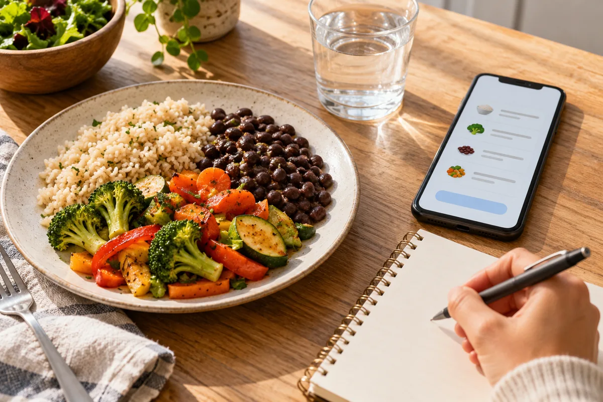 Lunch plate beside a phone and a handwritten food diary