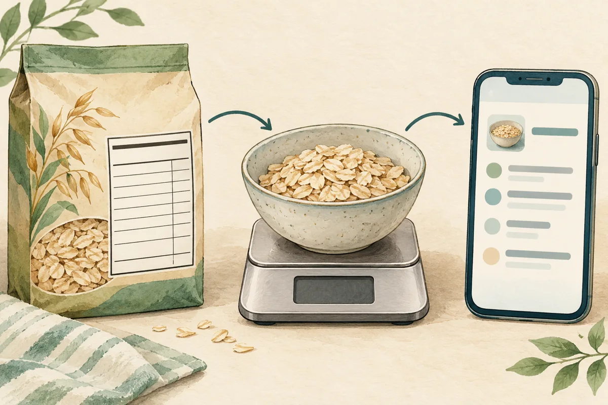 Illustration connecting food packaging, a portion on a kitchen scale, and a food entry