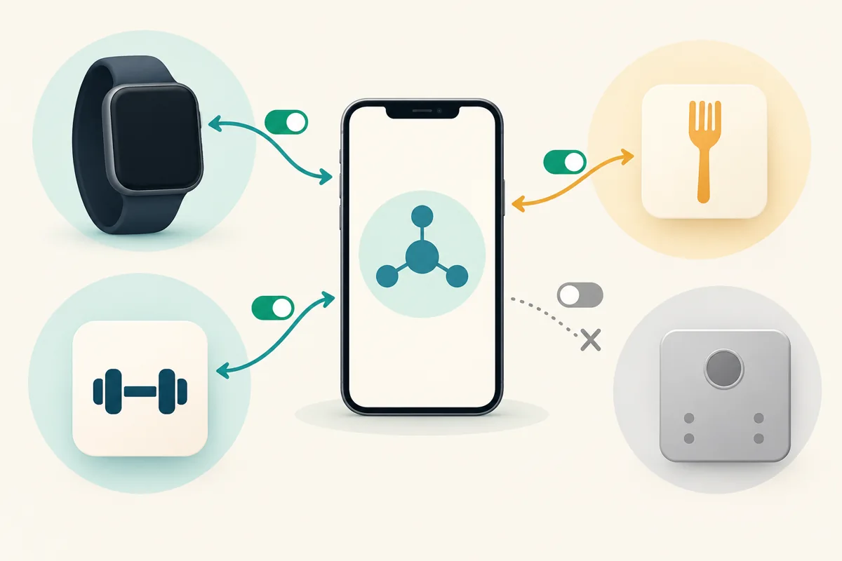 Illustrated phone hub with selected connections to a watch and activity and food apps