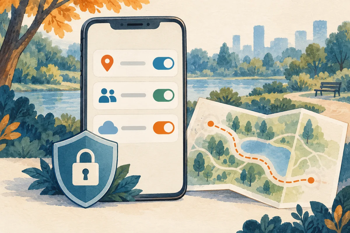 Illustrated permission switches, location and sharing icons, and an abstract route map