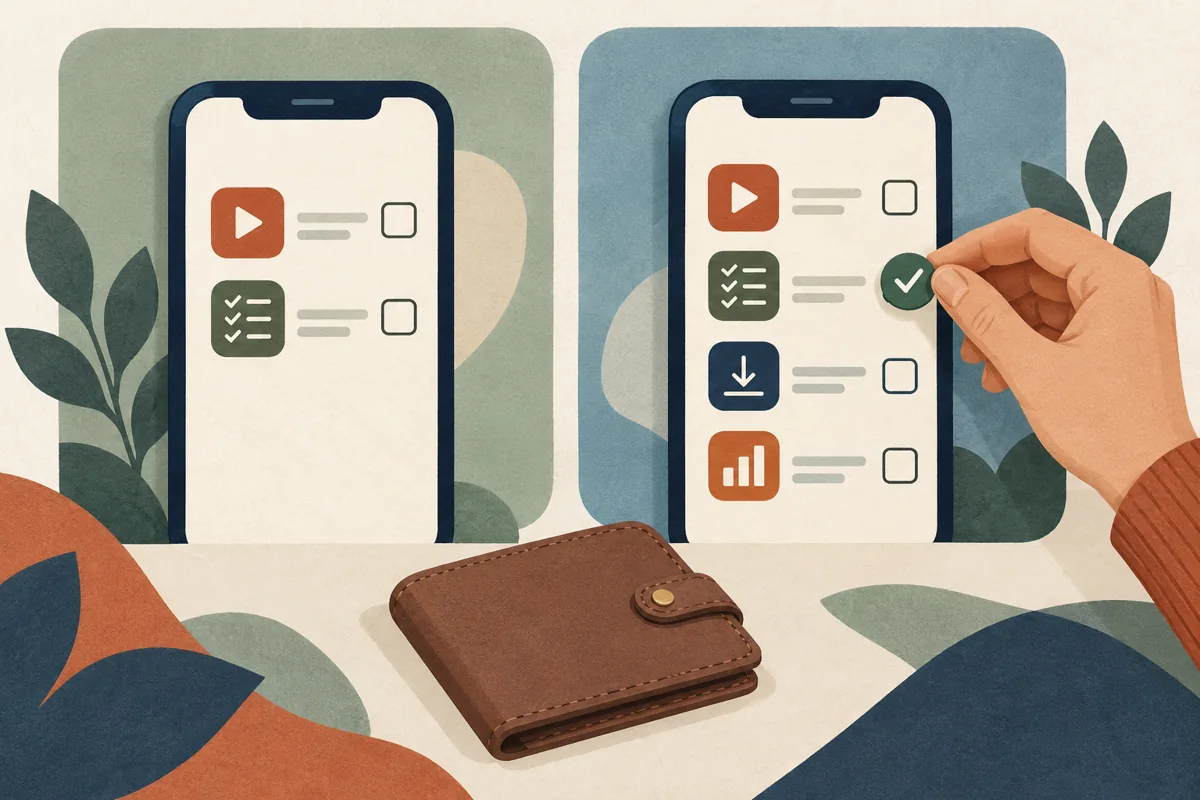Illustrated basic and expanded feature cards beside a wallet