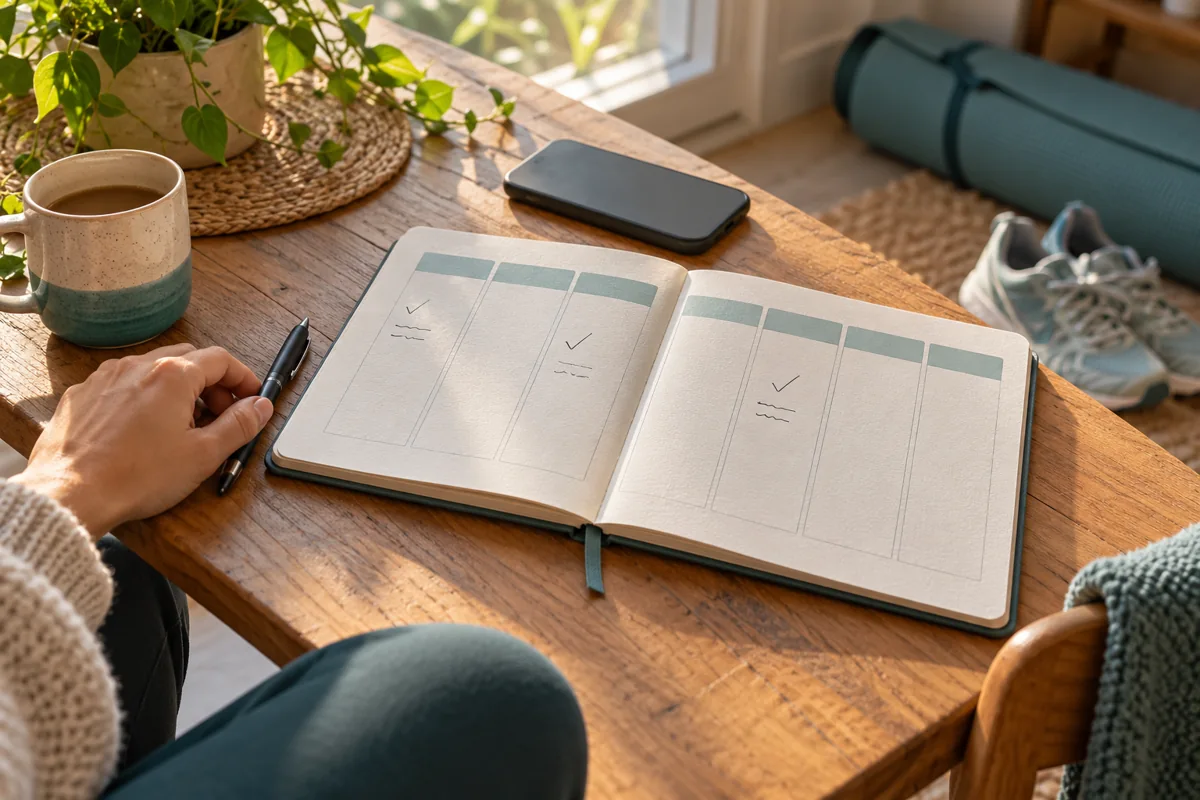 Weekly planner, pen, phone, and exercise equipment in a calm home setting