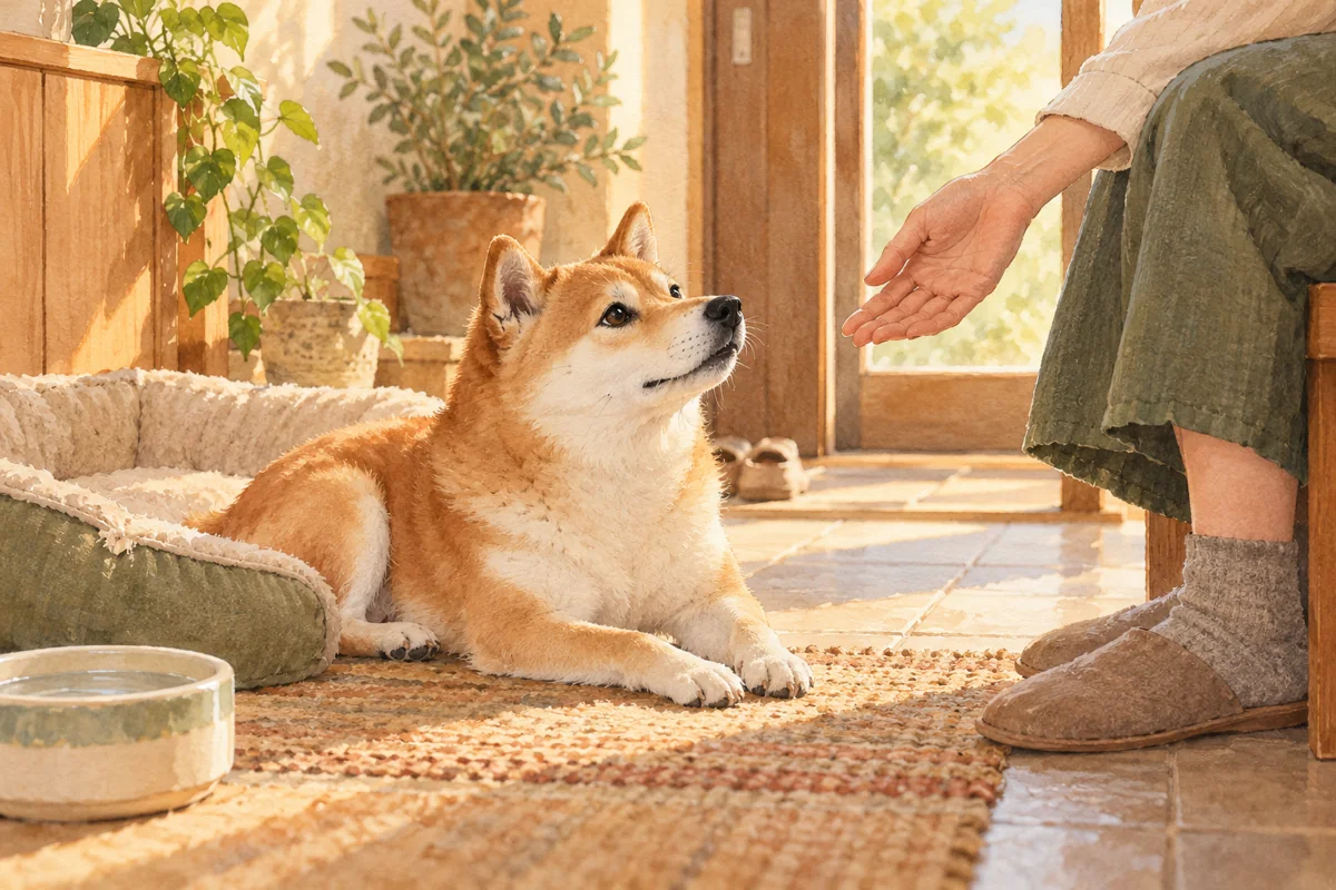 Watercolor illustration of a Shiba Inu settling beside a dog bed as a caregiver offers a hand
