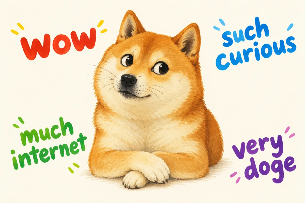 Illustrated Shiba Inu surrounded by the phrases wow, such curious, much internet, and very doge