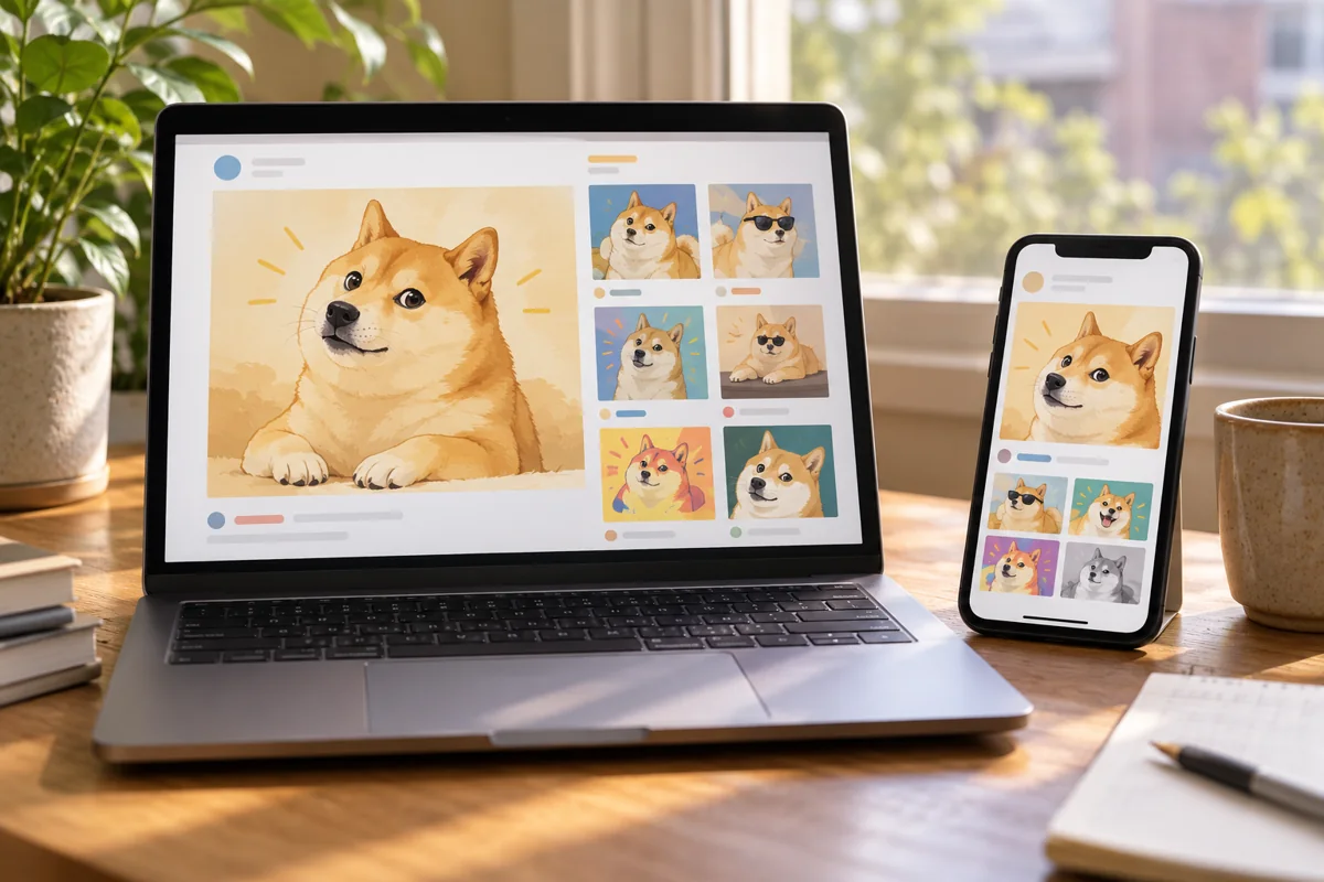 Conceptual laptop and phone scene showing illustrated Shiba Inu posts and remixes