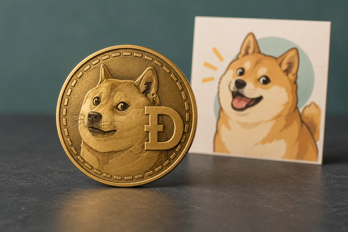 Conceptual brass novelty token with a Shiba Inu motif beside a cartoon dog illustration