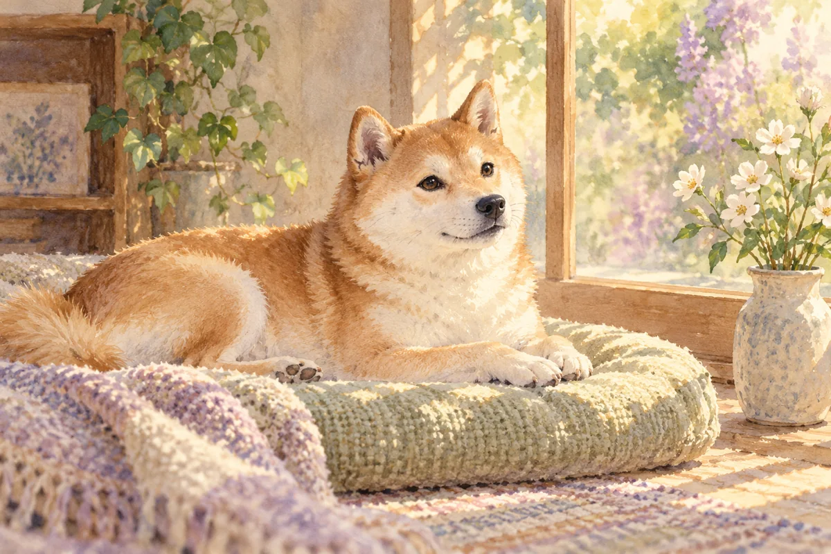 Watercolor tribute showing a peaceful Shiba Inu resting by a sunlit window and white flowers