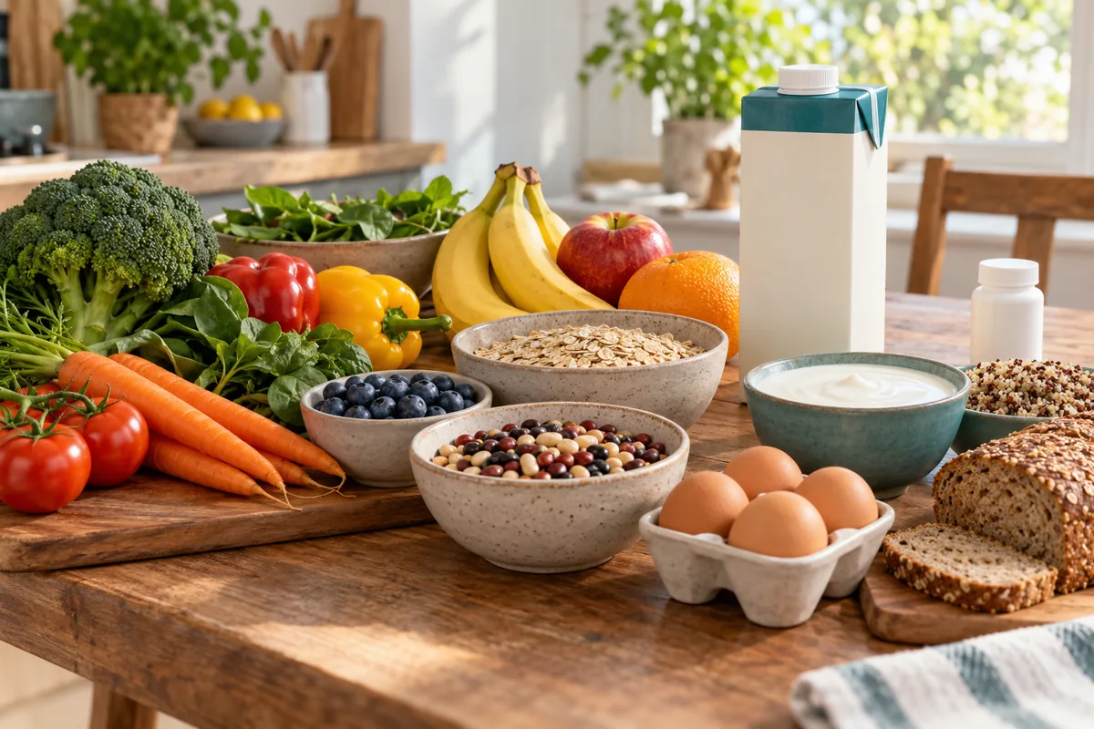 Varied foods on a table with a closed supplement bottle at the side
