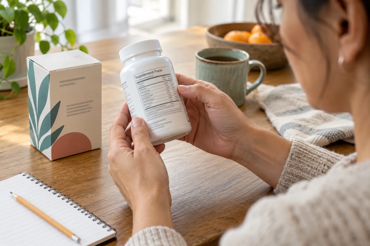 Hands reading a generic Supplement Facts panel on a vitamin bottle