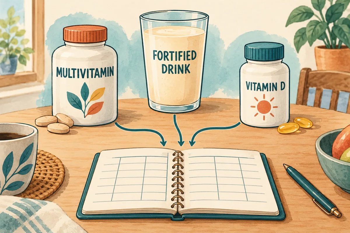 Illustration of combining a multivitamin, fortified drink, and separate supplement in one inventory